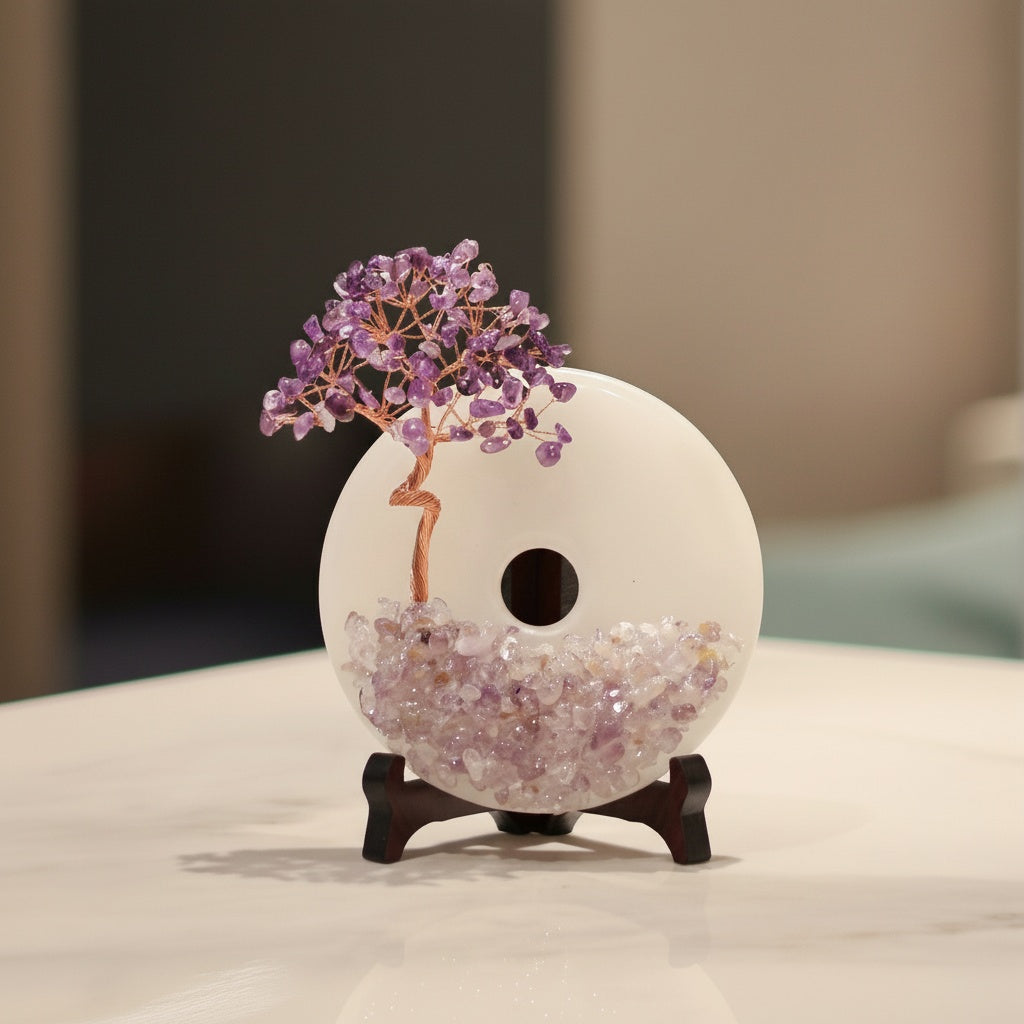 Amethyst and White Stone Circular Decorative Sculpture