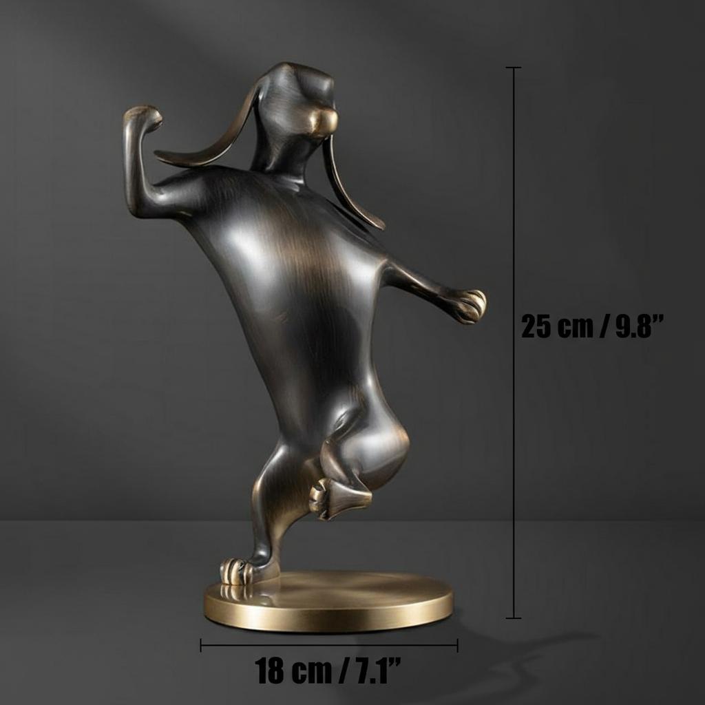 Dimensions overlay on brass dog statue