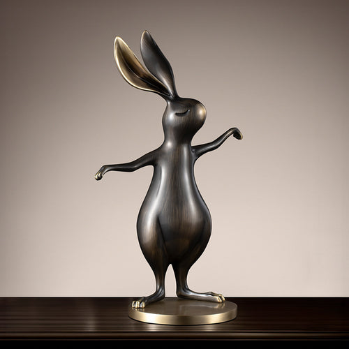 Antique brass dancing rabbit sculpture front view