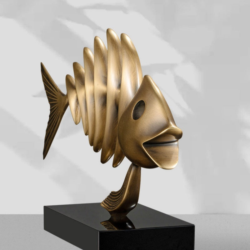 Antique brass fish skeleton sculpture front view