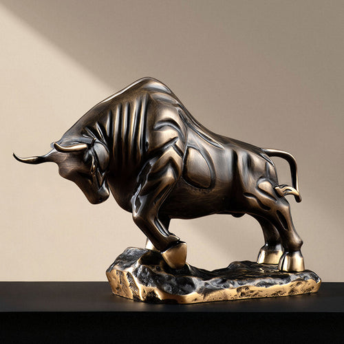 Side profile of antique copper charging bull sculpture on black surface