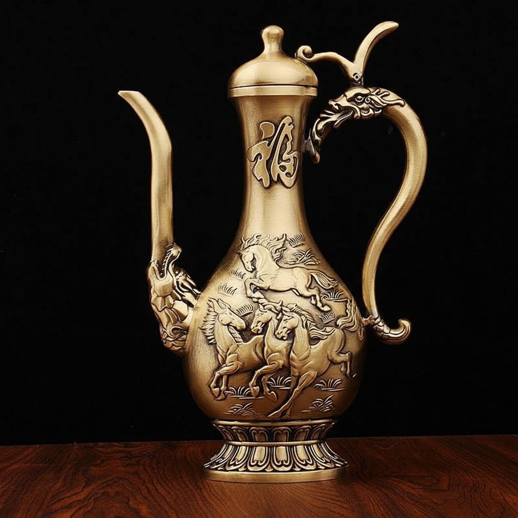 Medium antique copper teapot with galloping horse relief