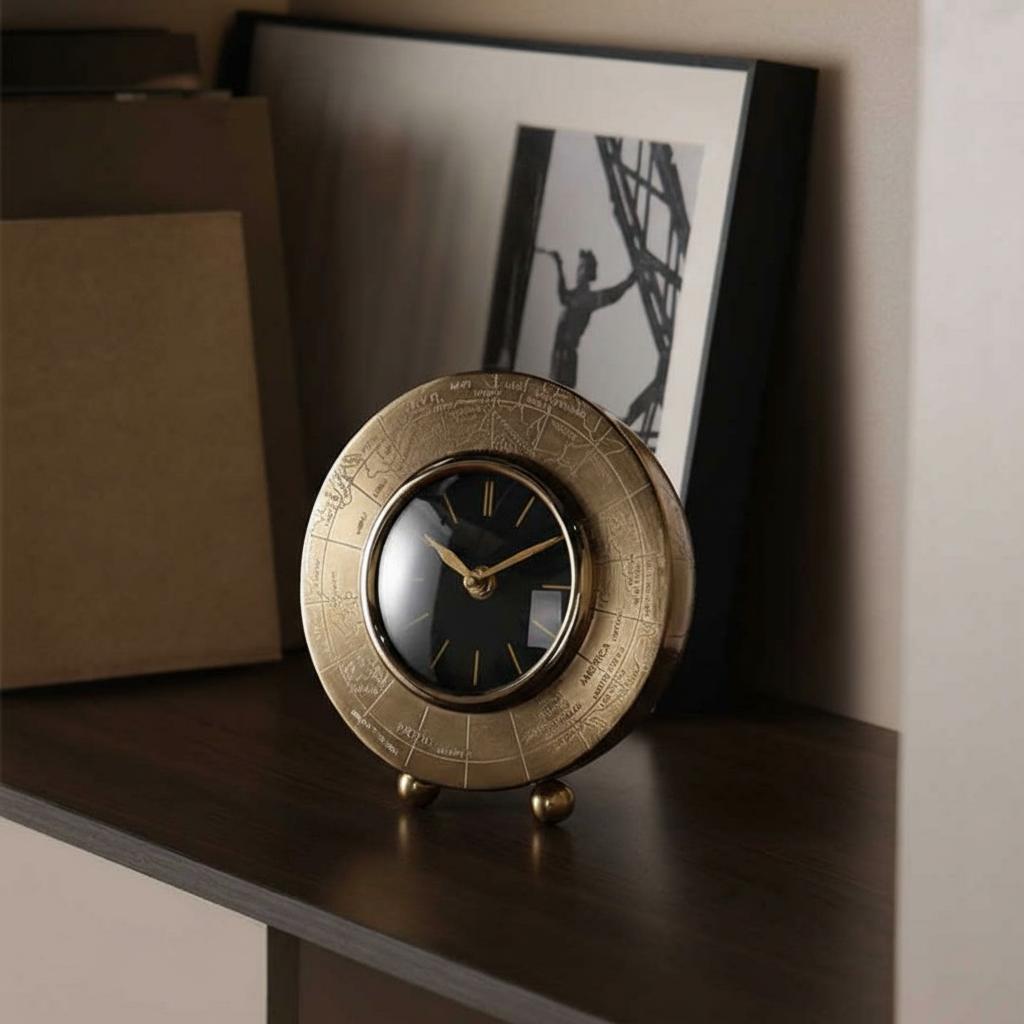 Antique gold aluminum table clock with engraved map bezel on shelf