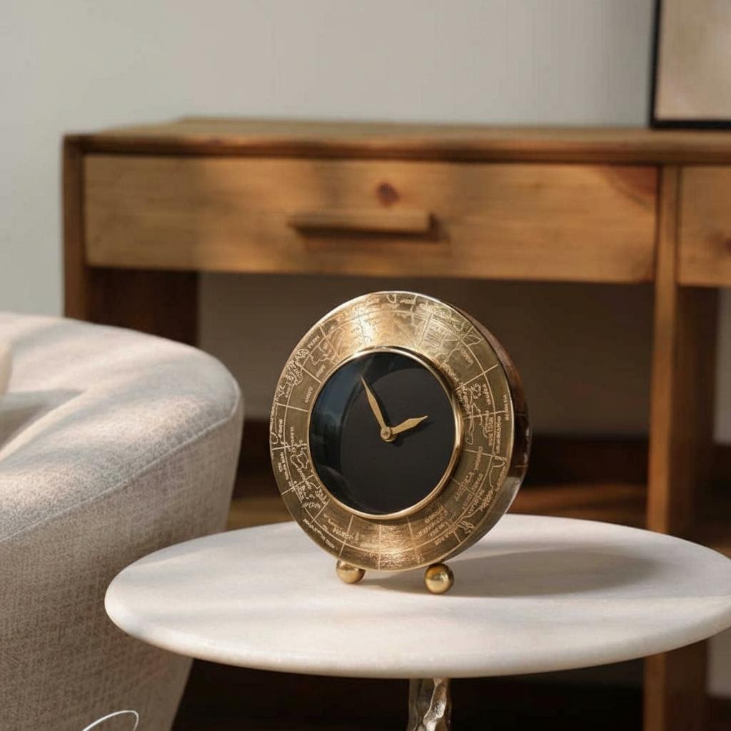 Antique gold aluminum round table clock on white marble table
