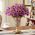 Luxury resin pedestal vase holding purple roses on dining table