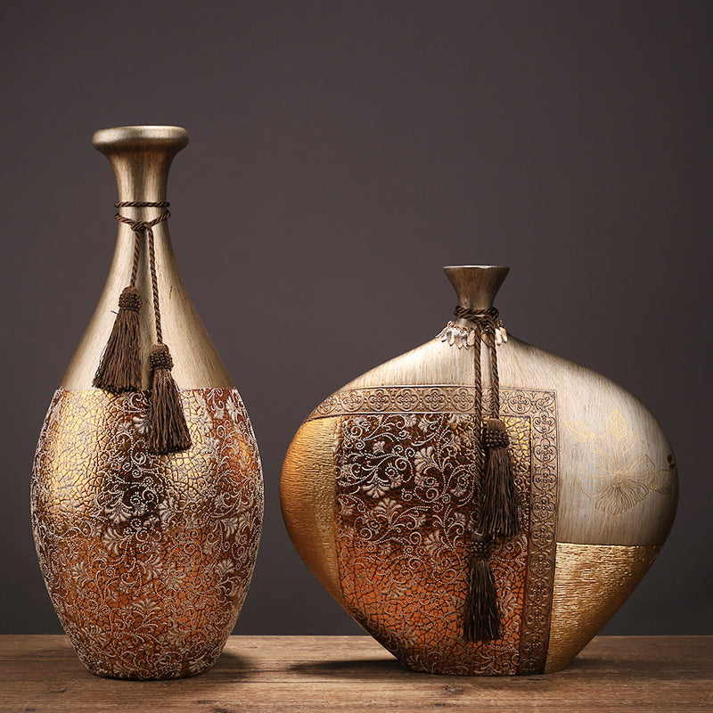 Antique gold resin vases with crackle finish and tassels