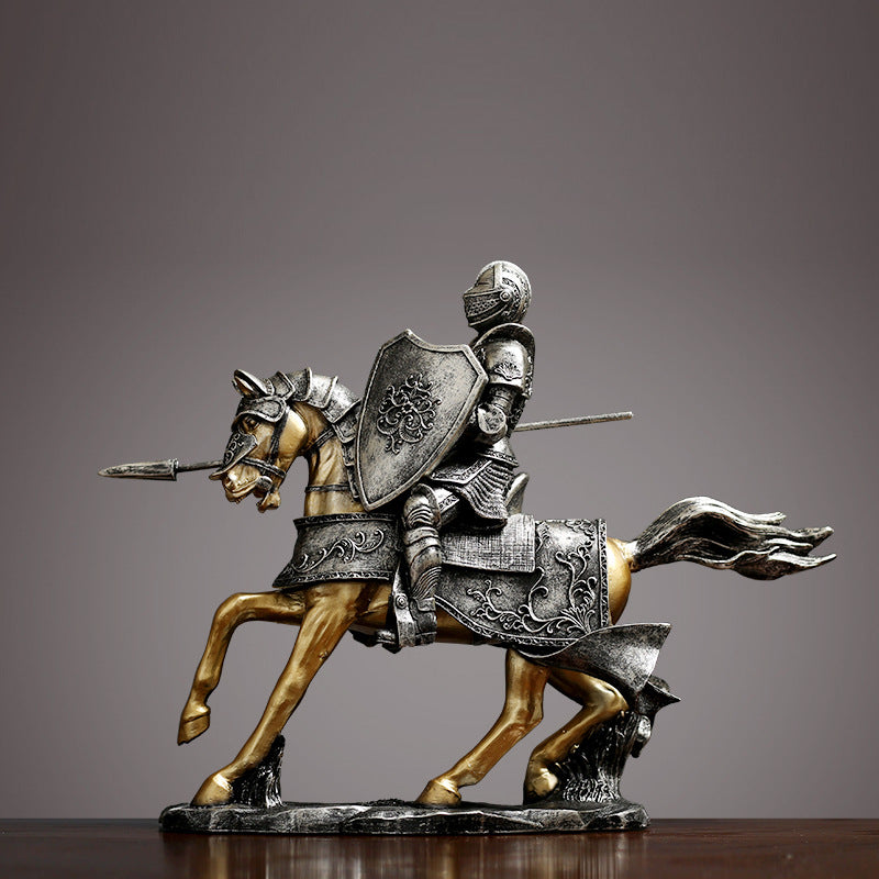 Galloping knight figurine with lance in silver and gold finish