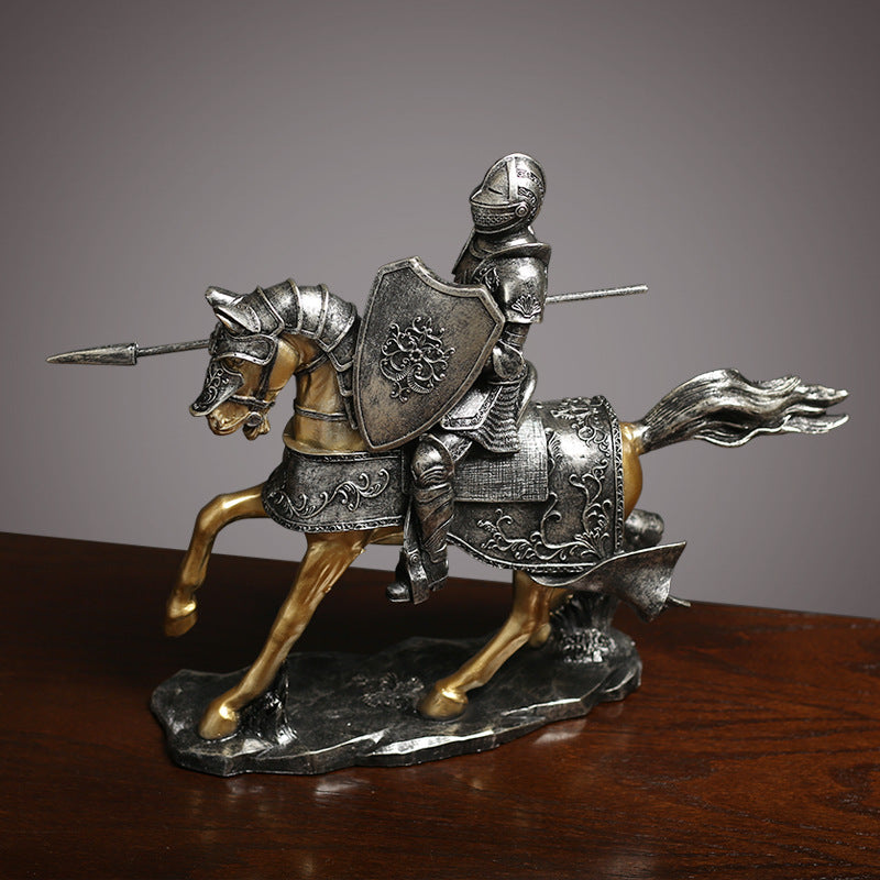 Angled view of galloping medieval knight sculpture showing detailed armor