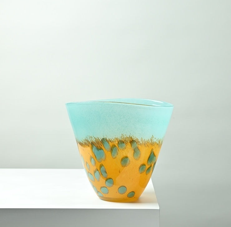 Medium aqua and amber glass vase with organic rim