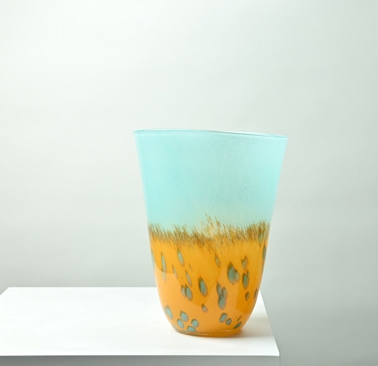 Large tapered glass vase in blue and yellow gradient