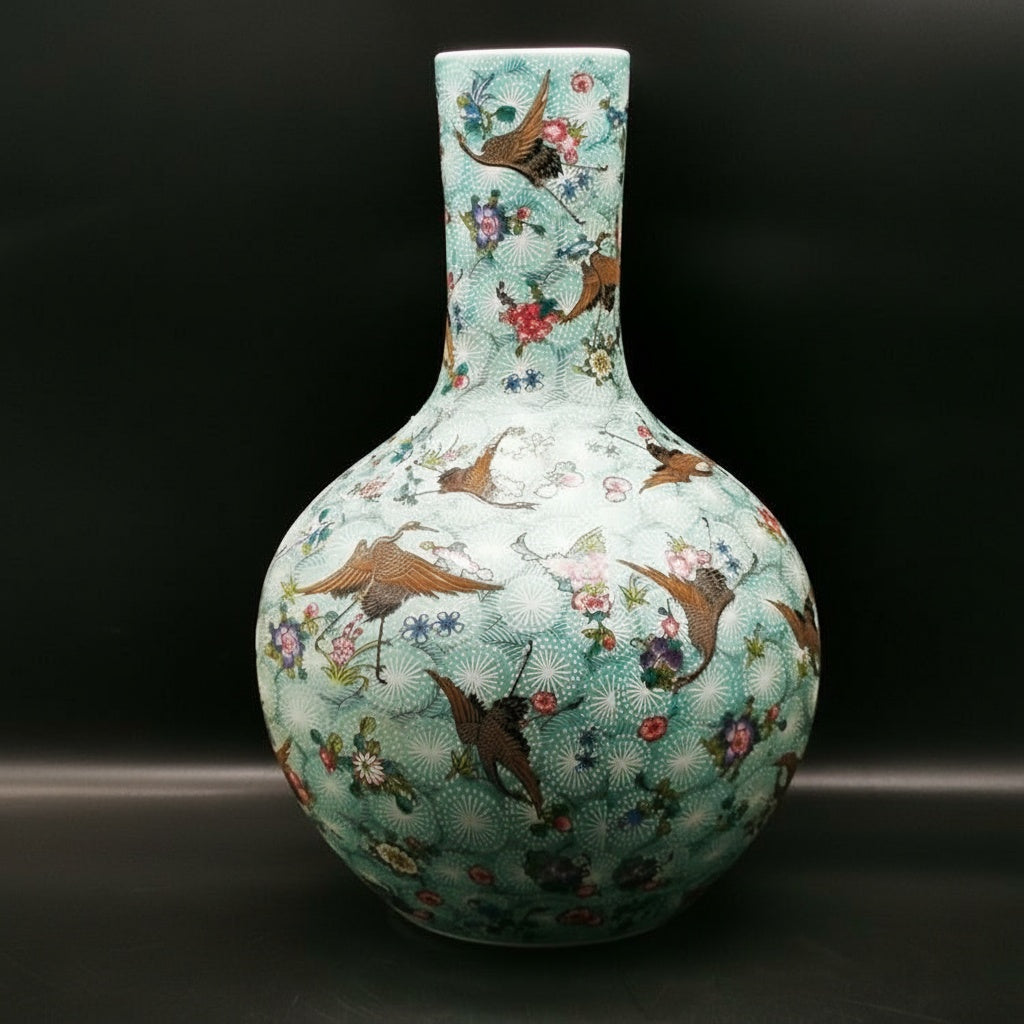 Aqua Porcelain Crane And Floral Bottle Vase