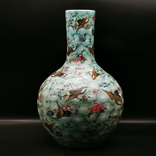 Aqua Porcelain Crane And Floral Bottle Vase