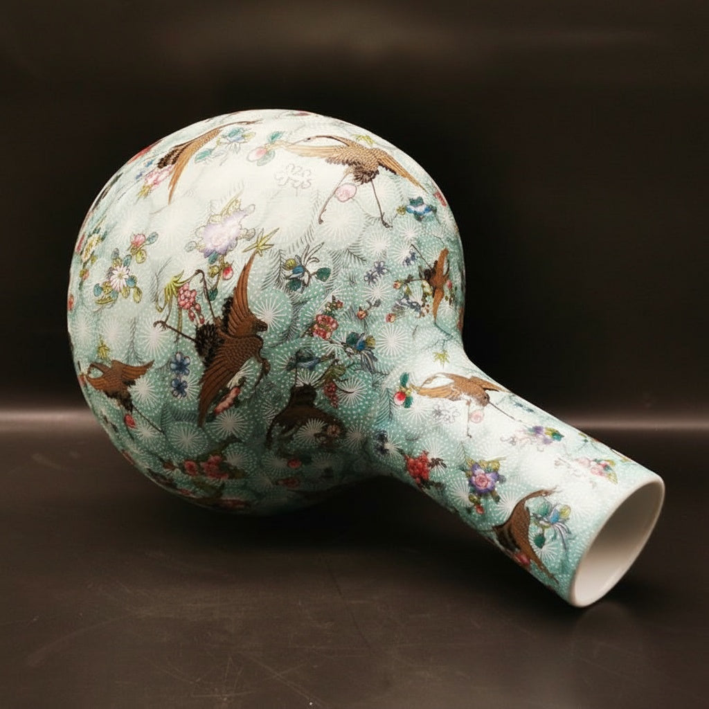 Aqua Porcelain Crane And Floral Bottle Vase