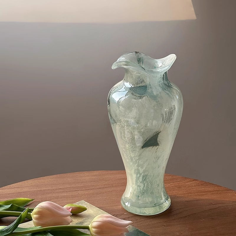 Translucent aqua glass vase with ruffled rim detail