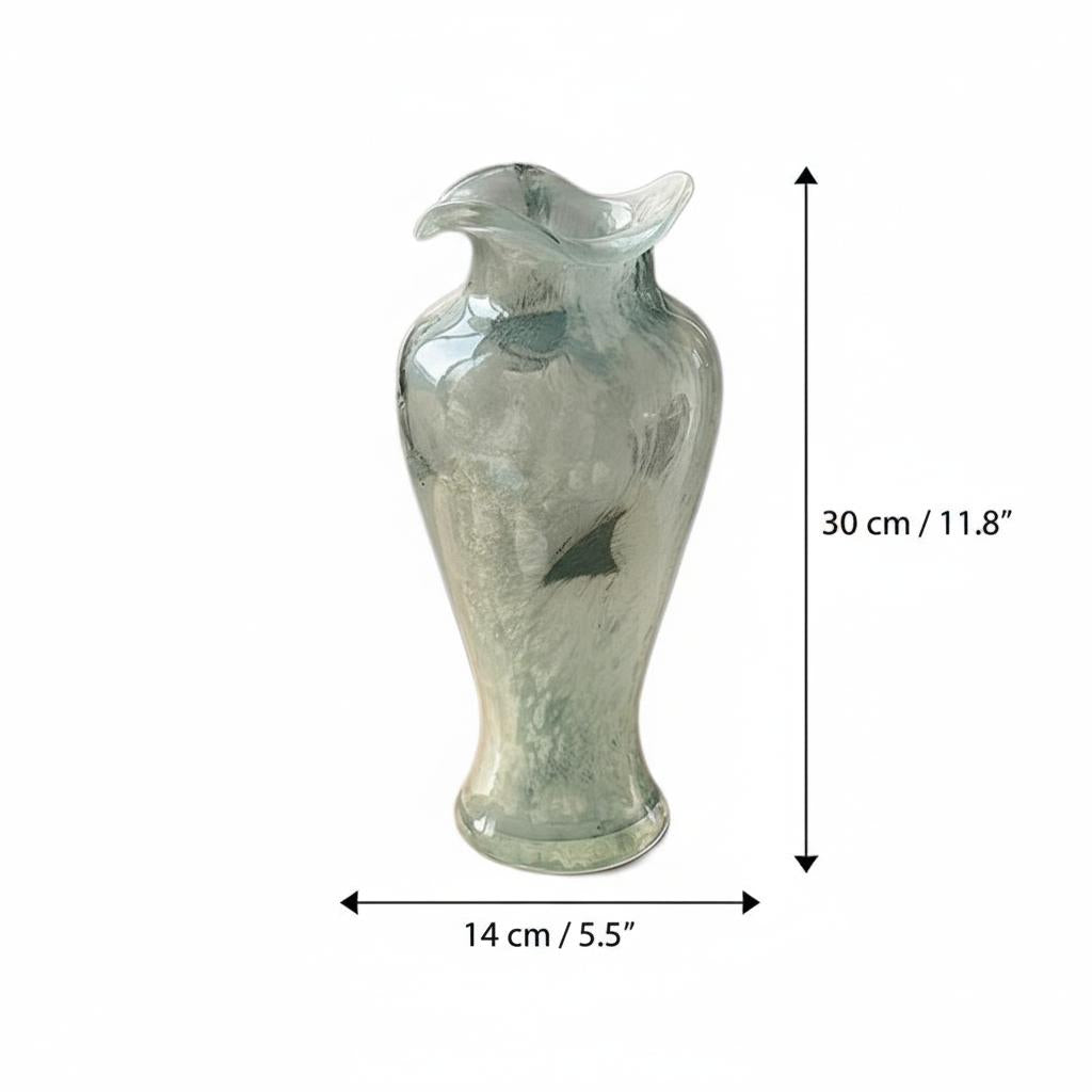 Dimensions of aqua glass vase showing 30cm height