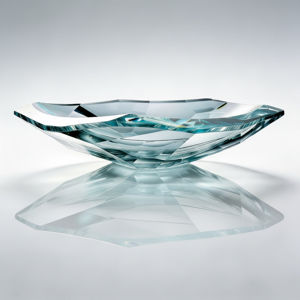 Aquamarine crystal glass decorative bowl with faceted geometric edges and reflective finish
