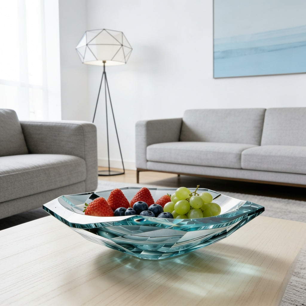Aqua crystal glass centerpiece bowl styled with fruit on a modern living room coffee table