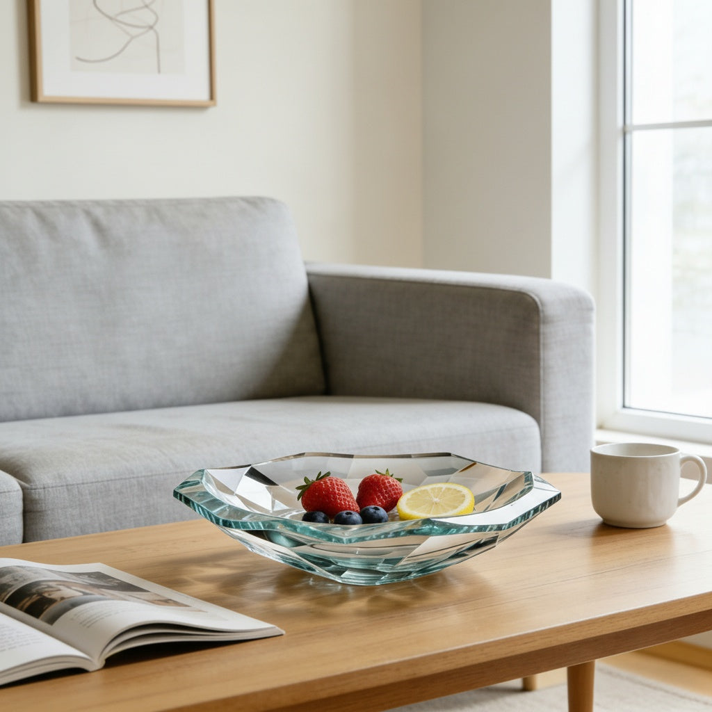 Faceted crystal glass bowl used as a decorative fruit bowl for elegant coffee table styling