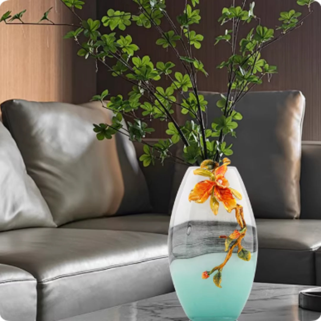 Luxury floral vase with green branches on coffee table