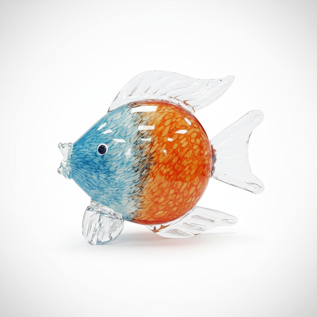 Blue and orange art glass fish sculpture side view