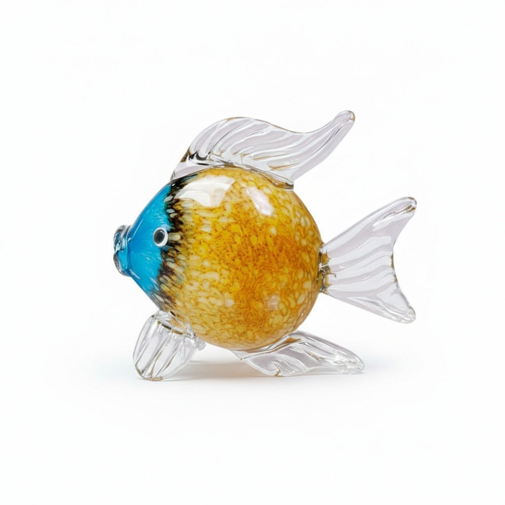 Blue and brown art glass fish sculpture side view