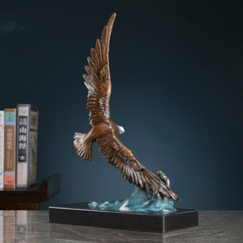 Back view showing detailed feather texture on bronze finish eagle sculpture