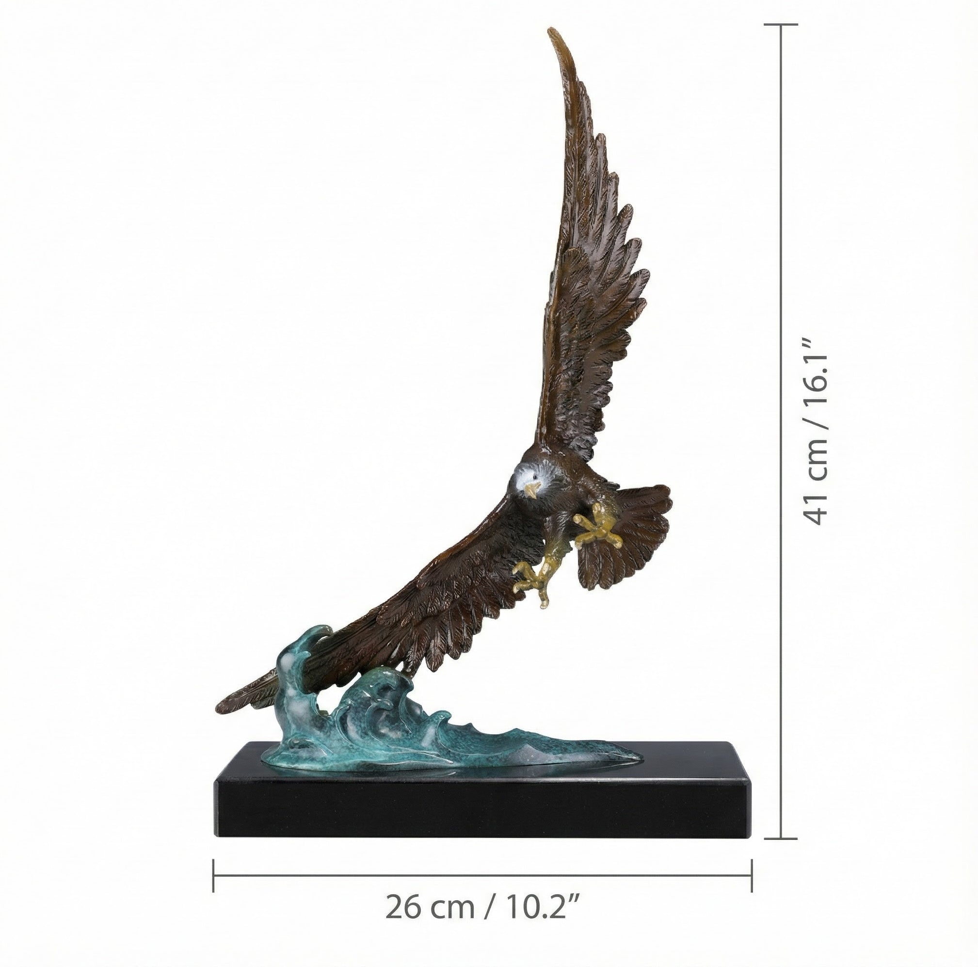 Dimension guide for brass eagle sculpture showing height and width