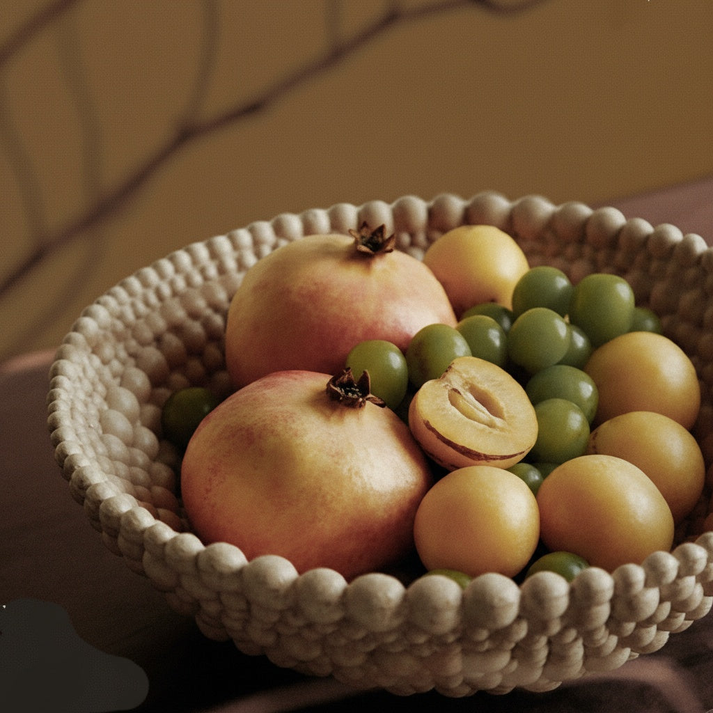Ceramic beaded fruit bowl with pomegranates and grapes