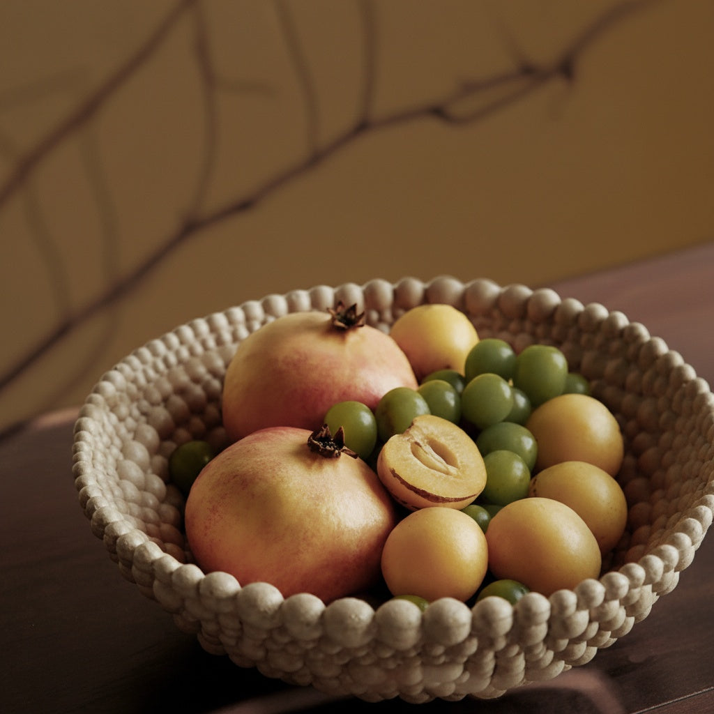 Lifestyle view of beige ceramic centerpiece bowl with fruit