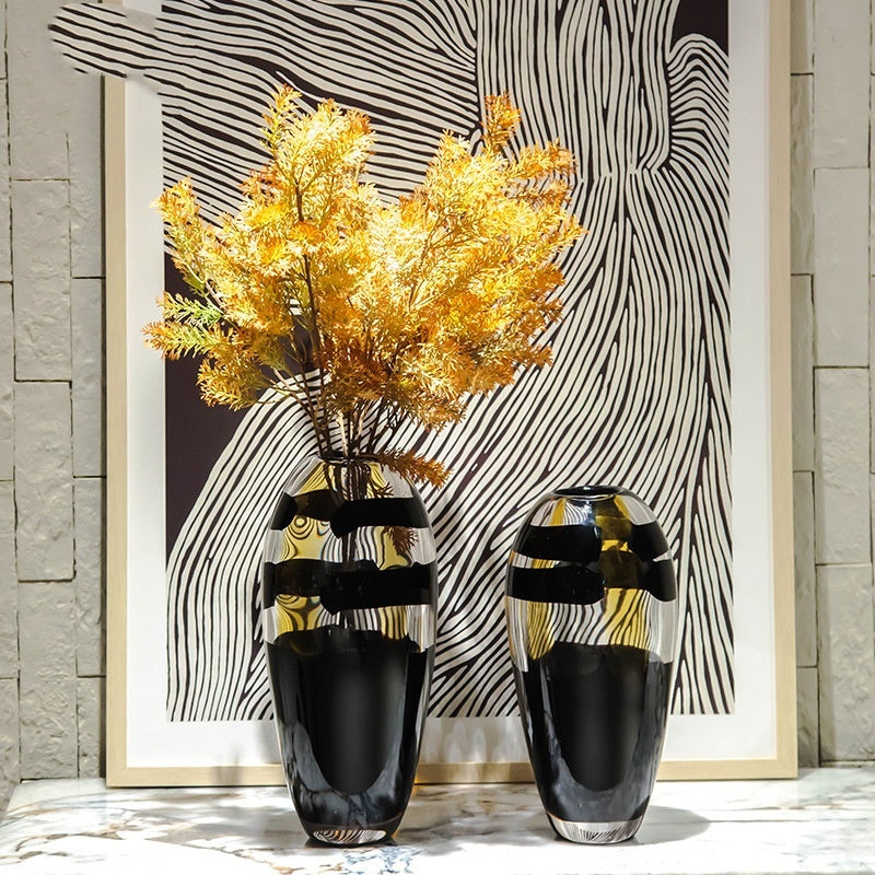 Black & Amber Abstract Art Glass Vase with Floral Arrangement