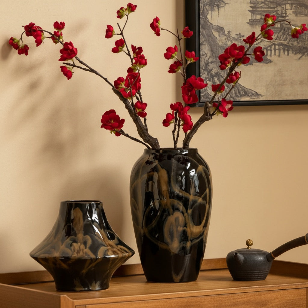 Group shot of black and amber ceramic vases