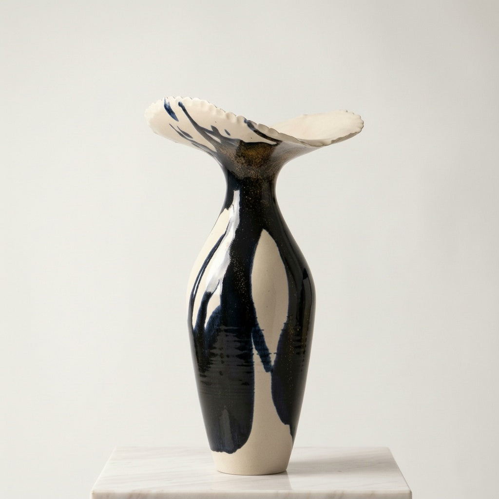 Black And Ivory Glazed Ceramic Flared Vase Studio View