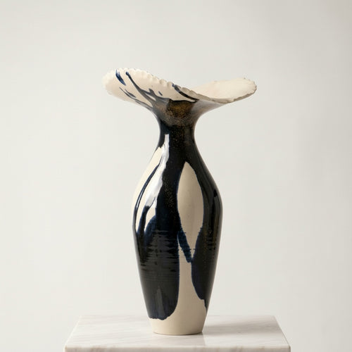 Black And Ivory Glazed Ceramic Flared Vase Studio View