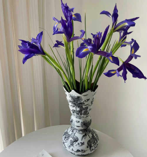 Black And White Ceramic Scalloped Vase With Flowers