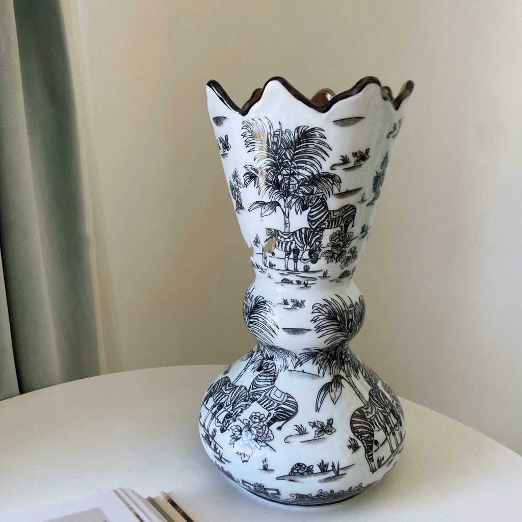 Black And White Ceramic Scalloped Vase Detail