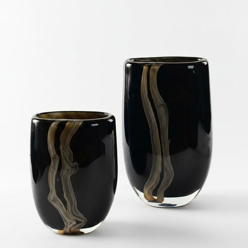 Black and beige abstract art glass vases group shot