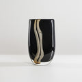 Large black glass vase with abstract beige ribbon design