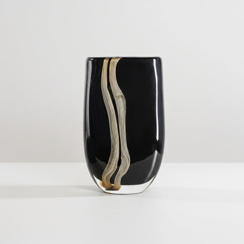Large black glass vase with abstract beige ribbon design