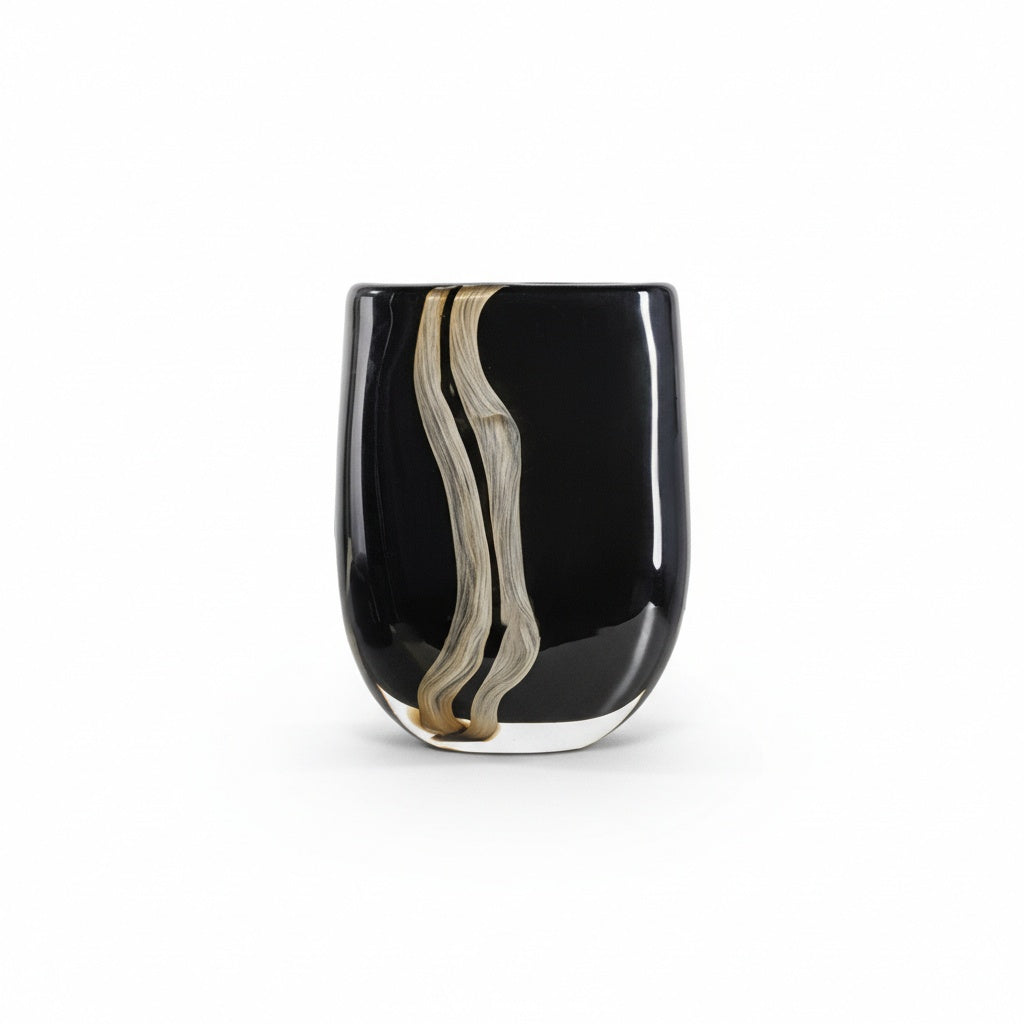 Medium black glass vase with wavy beige pattern