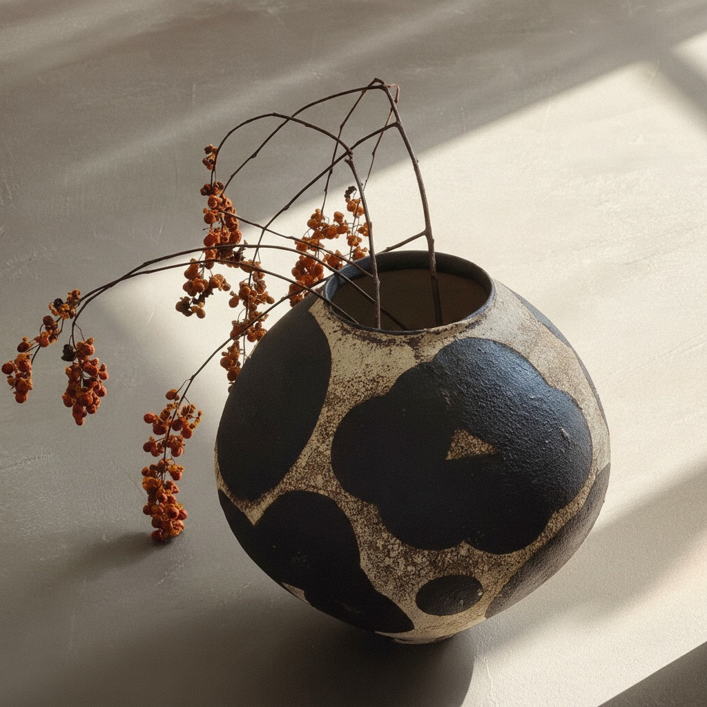 Textured ceramic round vase with abstract black spots holding dried branches