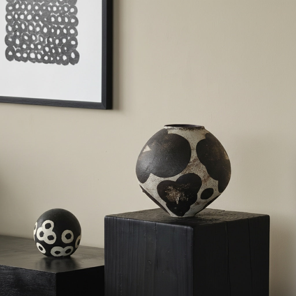 Front view of spherical ceramic vase with rustic black and beige pattern