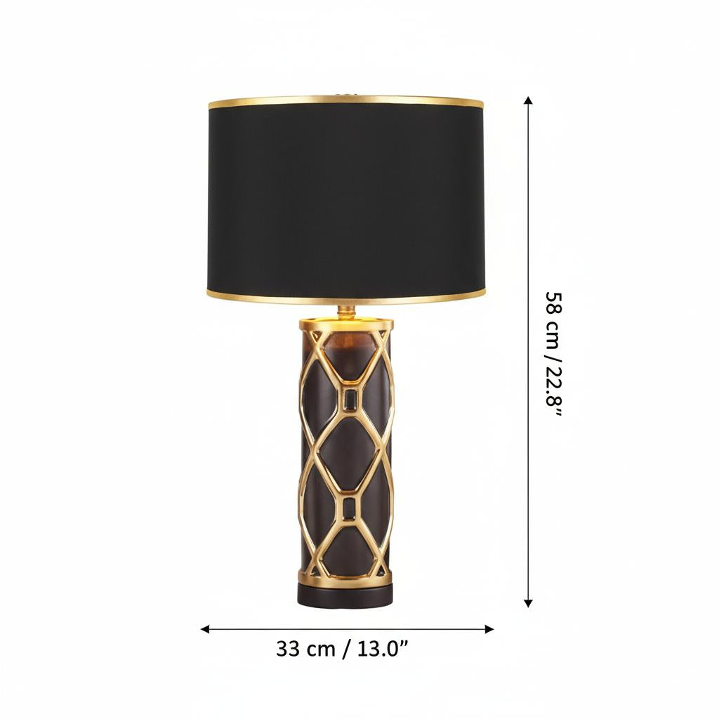 Dimensions of black ceramic and gold trellis table lamp