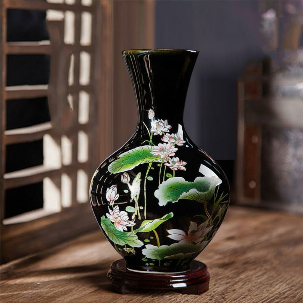 Black Ceramic Lotus Floral Decorative Vase