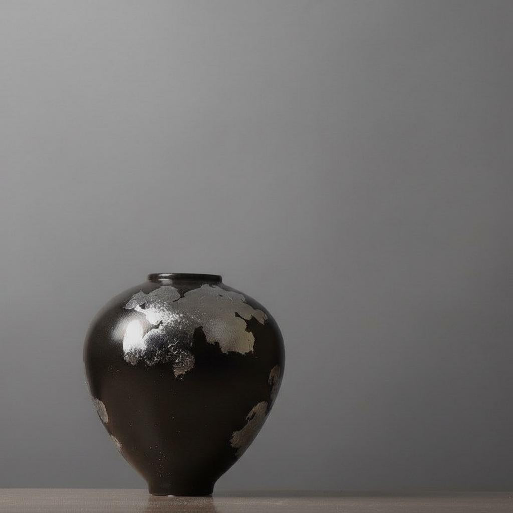 Black ceramic vase with gold metallic abstract details