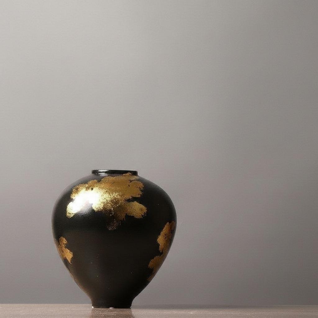 Detail view of black vase with gold foil accents