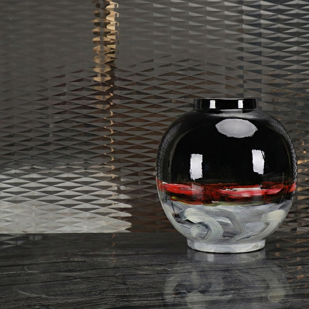 Medium black ceramic vase with red and white abstract painting