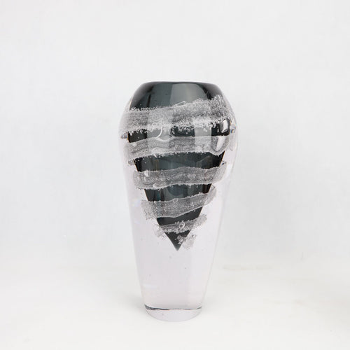 Large black glass vase with textured white spiral