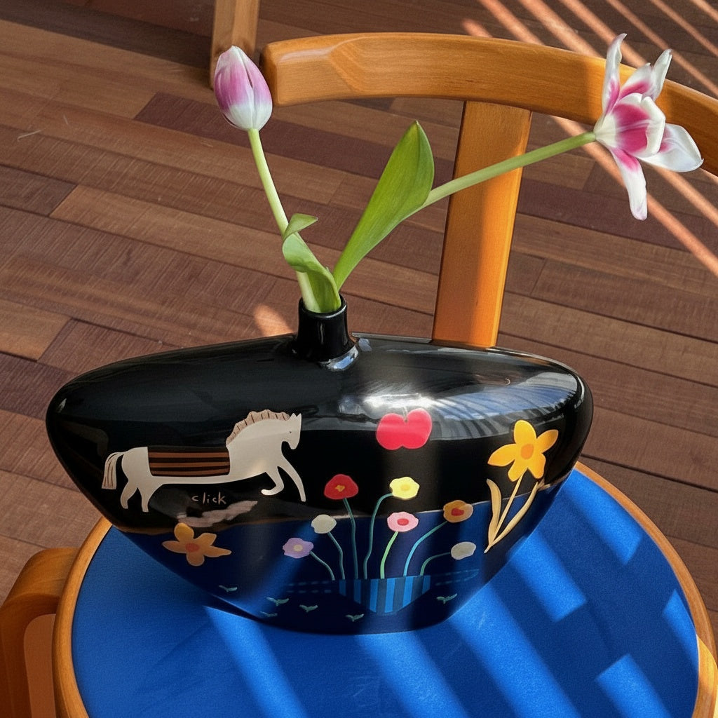 Black glazed ceramic oval vase with horse illustration on chair