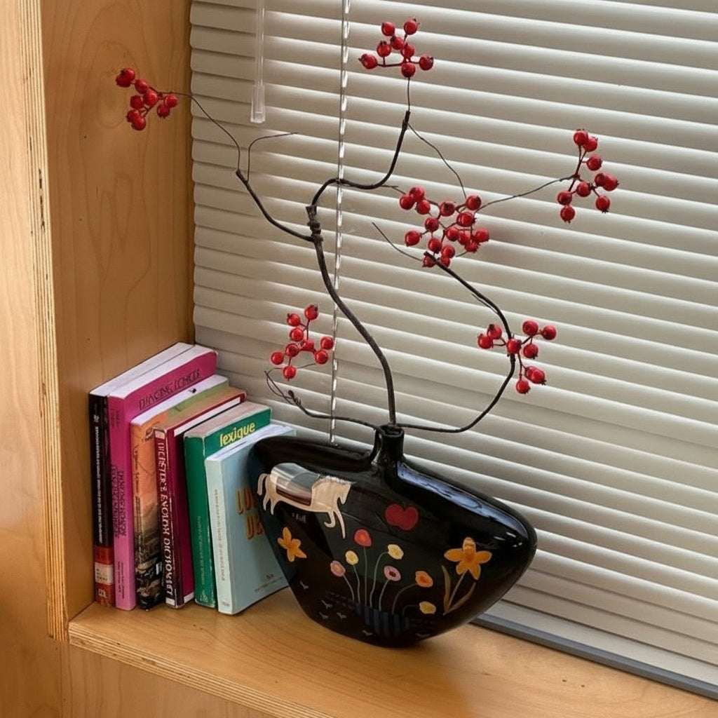 Side view of black oval vase on windowsill with books