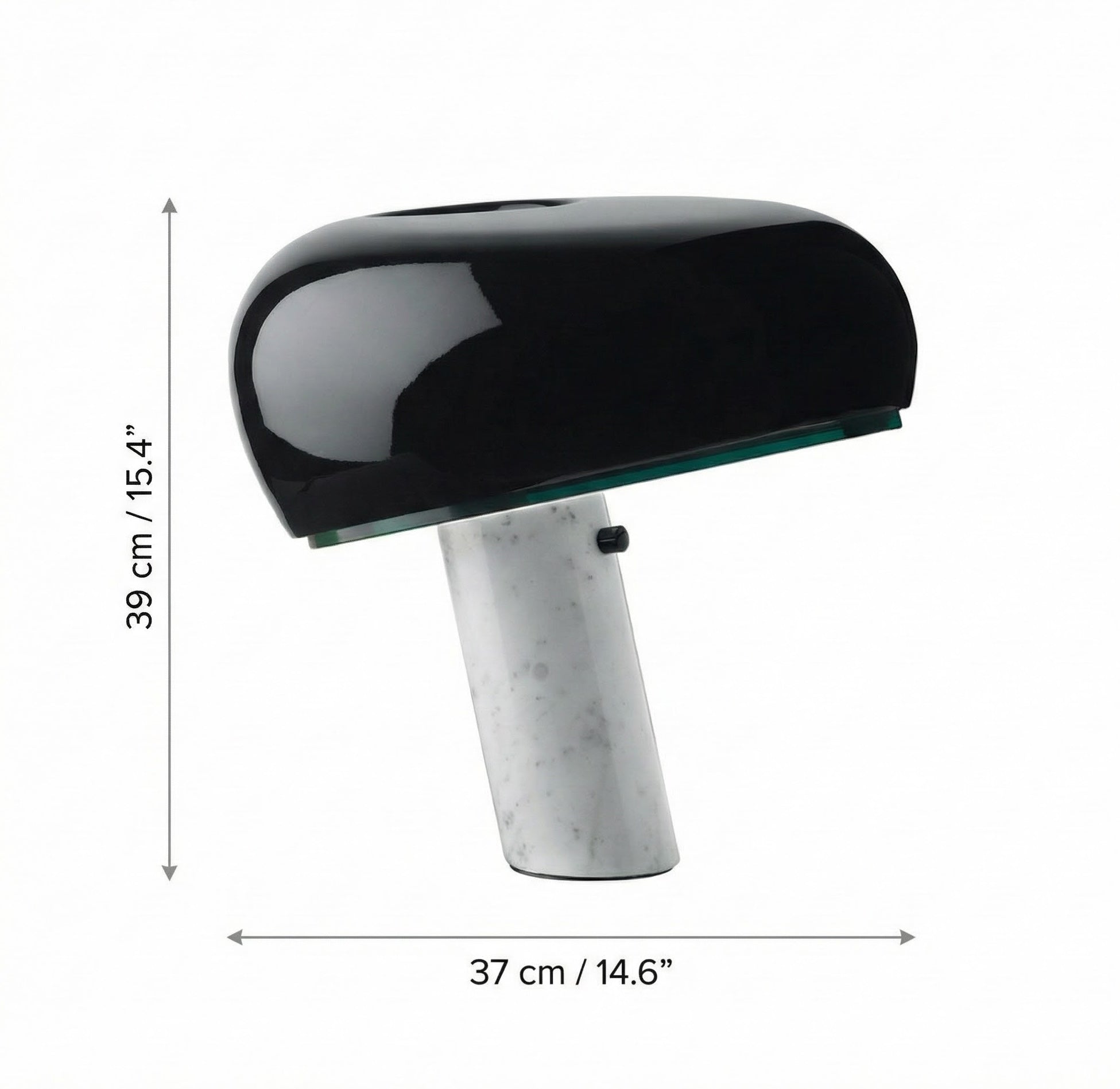 Dimensions diagram of black gloss and marble mushroom lamp showing 39cm height